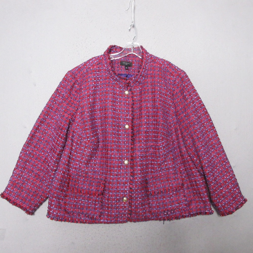 Talbots Tweed Blazer Jacket Plus 24W Plaid Fringed Gold Button Timeless Parisian